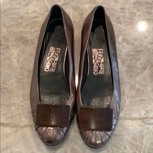 Bronze Ferragamo flats with tortoise buckle